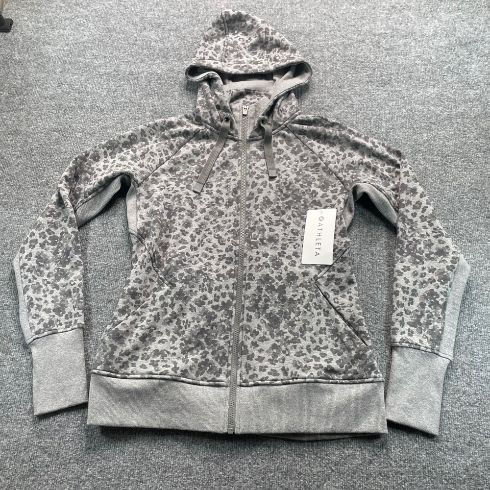 Athleta Triumph Printed Hoodie Women Medium Grey Leopard Floral Full Zip 511504